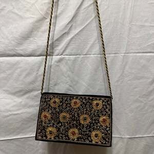 Vintage Zardozi Hand Embroidered Black Velvet Evening Bag with Gemstones